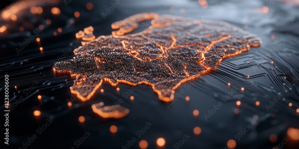Poster Futuristic Global Data Visualization Luminous Fiber Optic Cityscape on Textured Circuit Board for Tech Innovation in Network Infrastructure and Digital Connectivity Solutions