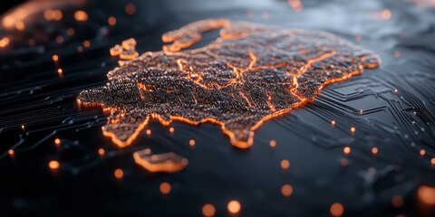 Futuristic Global Data Visualization Luminous Fiber Optic Cityscape on Textured Circuit Board for Tech Innovation in Network Infrastructure and Digital Connectivity Solutions