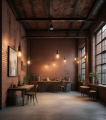 Industrial loft interior with exposed brick walls and vintage industrial lighting, loft living, rugged