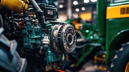 Obraz premium Close-up of a tractor engine, showcasing mechanical components and industrial design.