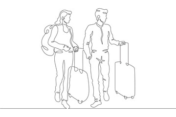 Continuous one line drawing passengers with luggage.Travelers with suitcases and bags.Family going on vacation.Tourism.Travel.One continuous line isolated minimal illustration.Not AI.