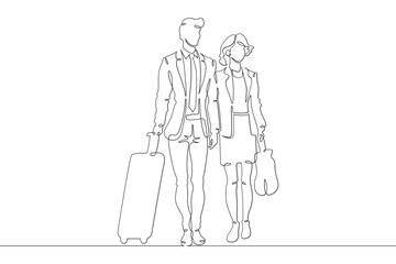 Continuous one line drawing passengers with luggage.Travelers with suitcases and bags.Family going on vacation.Tourism.Travel.One continuous line isolated minimal illustration.Not AI.
