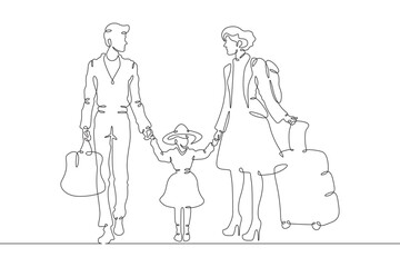 Continuous one line drawing passengers with luggage.Travelers with suitcases and bags.Family going on vacation.Tourism.Travel.One continuous line isolated minimal illustration.Not AI.