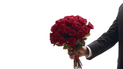 Groom holding a bouquet of red roses on transparent background