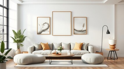 Fototapeta premium A mockup of a modern living room wall art with minimalist decor and natural elements, greenery, elegance, simple