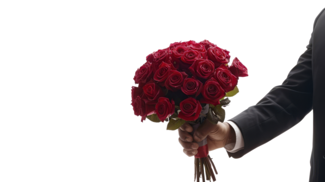 Groom holding a bouquet of red roses on transparent background - Powered by Adobe
