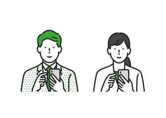 携帯を操作するスーツを着た男女