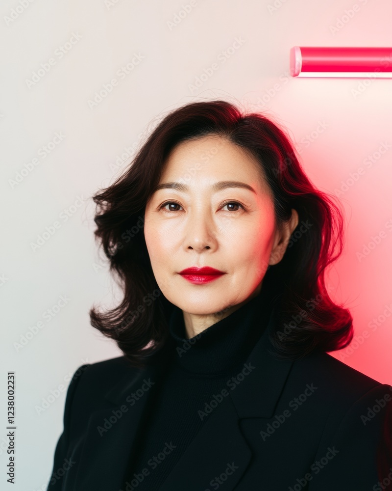 Poster sleek urban payment interface professional korean woman engaging with biometric scanner in bright te