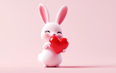 Obraz premium Cute bunny holding a red heart for Saint Valentines Day and 8 March Womans Day, on a soft pink-to-white gradient background