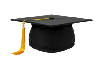 A traditional black graduation cap with a gold tassel, isolated on a white background