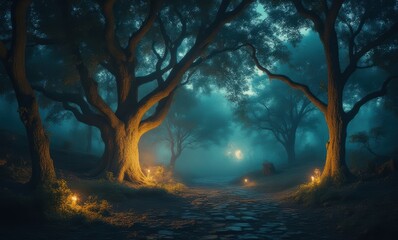 Mysterious forest path at dusk