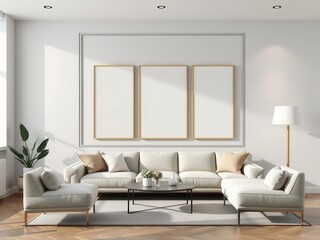 Fototapeta premium A mockup of a modern living room with minimalist wall art featuring neutral colors and geometric designs, wall art, modern, neutral colors