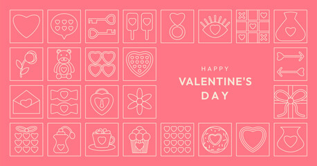 Happy Valentines Day geometric background in line style. Modern pattern with minimalist Love white line icons. Trendy romantic design for banner, card, cover, poster