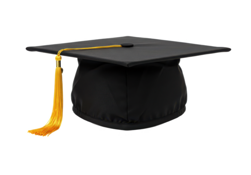 A traditional black graduation cap with a gold tassel, isolated on a white background