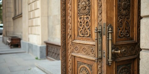 intricately carved wooden door with ornate hardware, door furniture, rich textures