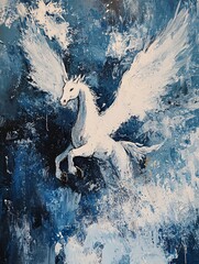 Fototapeta premium Textured White Winged Horse on a Blue Abstract Background, Expressive Brushstrokes