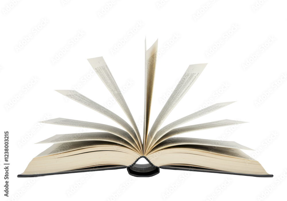 Aufkleber an open book with visible printed text, with some pages flipping naturally as if caught by a breeze