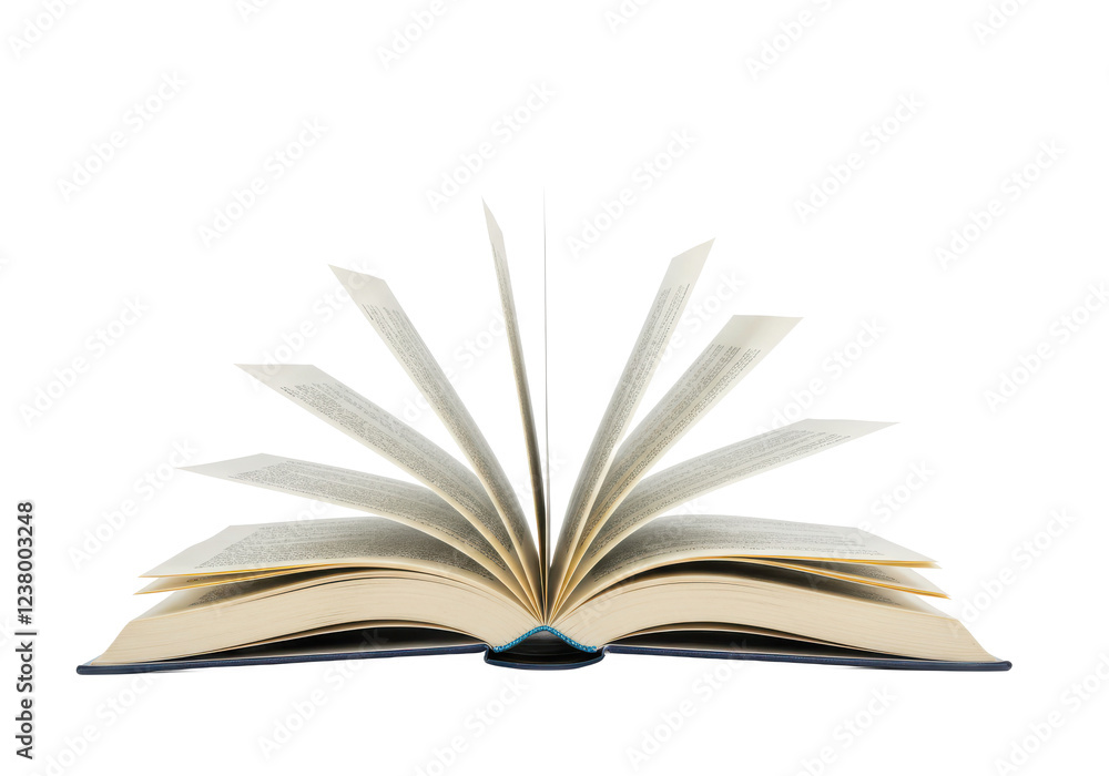 Poster an open book with visible printed text, with some pages flipping naturally as if caught by a breeze