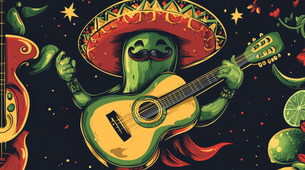 Viva Mexico vector icon. Mariachi chili pepper in sombrero playing guitar. Red jalapeno Mexican character with mustaches playing music, avocado, tequila, lime. Culture of Mexico isolated cartoon label