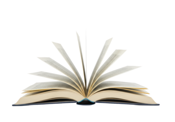 An open book with visible printed text, with some pages flipping naturally as if caught by a breeze