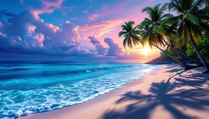 Tropical Sunset Beach: Palm Trees, Azure Waves, and Serene Sky