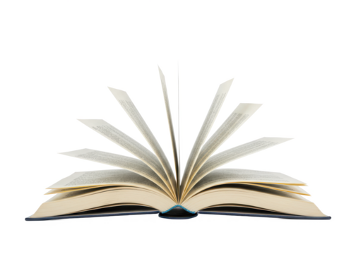 An open book with visible printed text, with some pages flipping naturally as if caught by a breeze