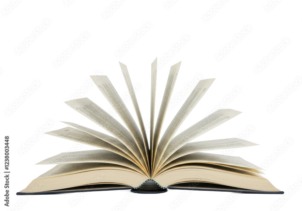 Poster an open book with visible printed text, with some pages flipping naturally as if caught by a breeze
