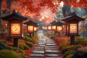Japan Lantern Festival: Lanterns hanging from red maple trees in an autumn garden, their light blending with the warm tones of fallen leaves on a moss-covered stone path, autumn festivity, cultural 