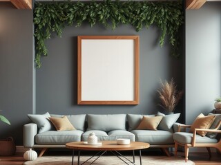 A mockup of a living room wall art with a wooden frame surrounded by natural elements, interior, aesthetic, design