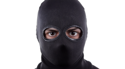 Criminal wearing balaclava looking at camera on transparent background