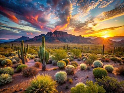A wide, high-resolution shot captures a sun-drenched desert panorama: rocky mountains and scant vegetation at sunset.