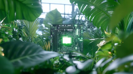 Motherboard in lush jungle; tech meets nature; futuristic contrast; sustainable tech concept; website banner
