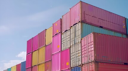 Fototapeta premium Stack of shipping containers representing global trade and logistics, symbolizing international commerce, import export, and supply chain management concepts.