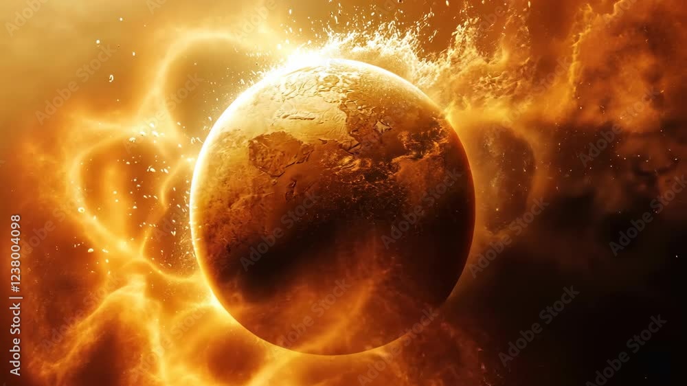 Poster majestic view of a fiery planet set against a backdrop of cosmic explosions and swirling gases in de