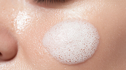 Fototapeta premium Close up of facial cleansing foam on skin, highlighting texture and bubbles