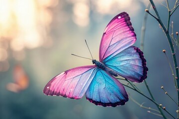 Iridescent Pink and Blue Butterfly on Soft Focus Background, delicate wings, soft focus, shimmering effect, dreamy atmosphere, whiIcy Blue and PinkPastel Pink and Blue Hues on Distressed Wooden Panel