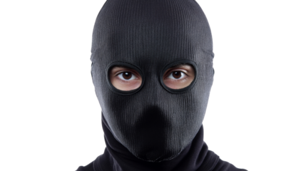 Thief wearing black balaclava is staring on transparent background