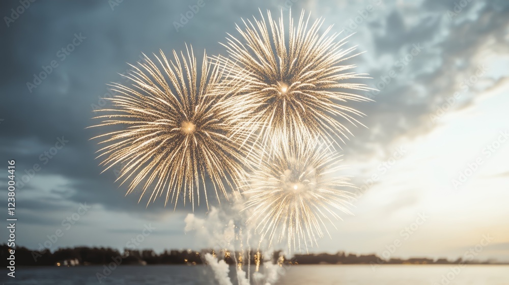 Poster elegant 2026 created from glowing fireworks exploding over a dark ocean reflecting the light and vib
