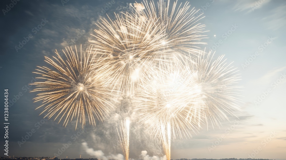 Poster elegant 2026 created from glowing fireworks exploding over a dark ocean reflecting the light and vib