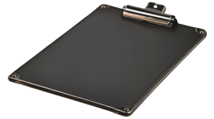 Clipboard with metal clip on transparent background, holding blank paper for text or signature