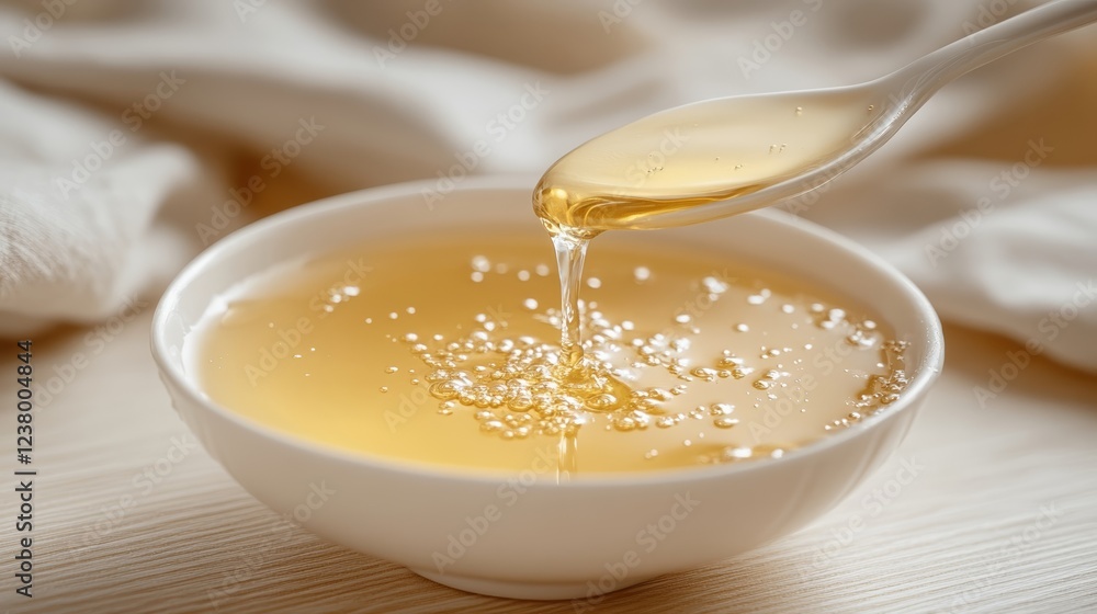 Poster elegant abstract macro shot of golden maple syrup dripping off the edge of a spoon against a soft gr