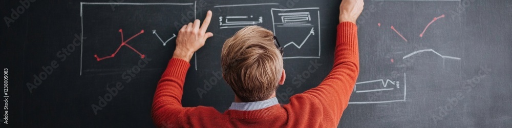 Poster modern collaborative workspace chalkboard diagrams and flowcharts for strategic planning in creative