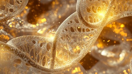 Golden helix: futuristic 3d illustration of a glowing dna strand with molecular structures and digital data elements, representing biotechnology, genetic research, and scientific innovation in a high-