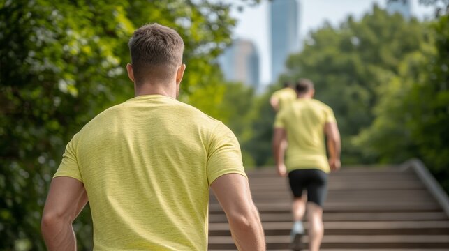 Elegant Boot camp participants climbing stairs in an urban park amphitheater with motivational words painted on the steps and a vibrant city backdrop 