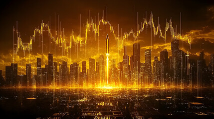 Naklejka premium Cityscape Rocket Launch, Stock Market Growth