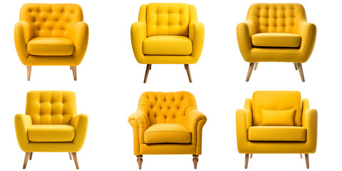 Set of Yellow Armchairs in Frontal View Detailed Isolated on Transparent Background
