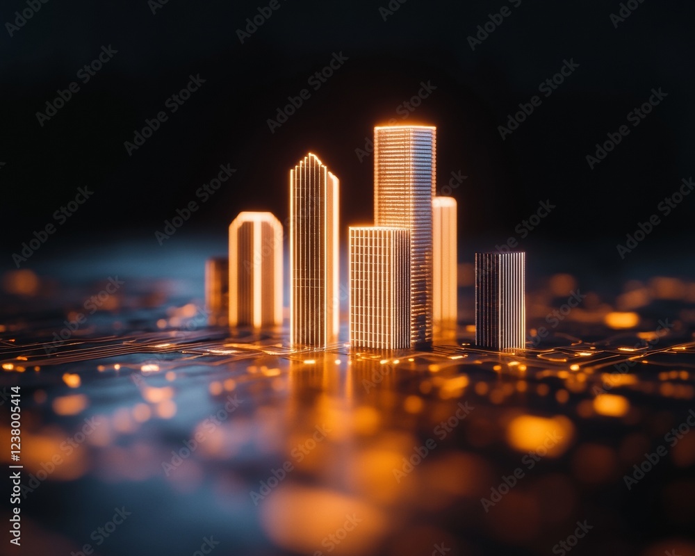 Aufkleber futuristic skyline vision illuminated metallic towers in geometric patterns - smart city concept for