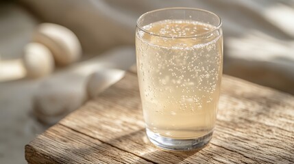 Elegant Clear glass of fizzy water with glowing bubbles illuminated by golden hour sunlight placed on a beach themed wooden surface 