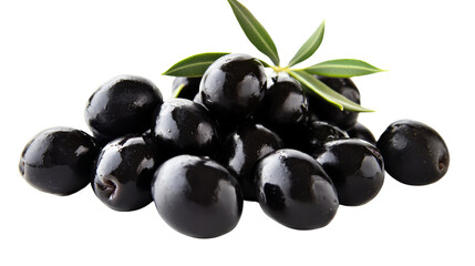 Fresh black olives with leaves on transparent background