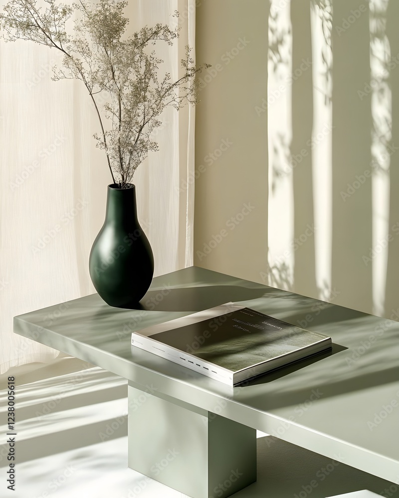 Poster a minimalist table with a vase and a book, illuminated by soft shadows.